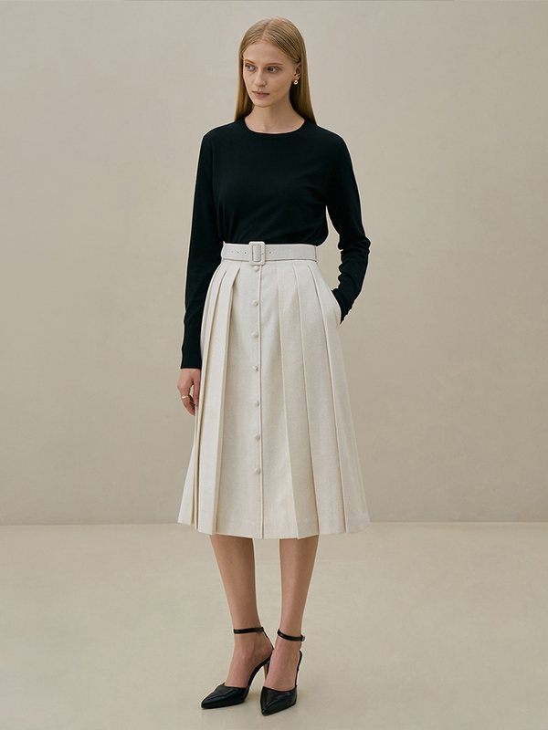 JANE Belted pleats skirt_ivory