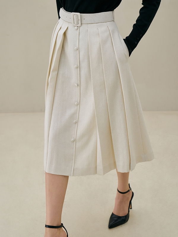 JANE Belted pleats skirt_ivory