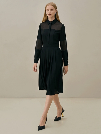 LILIAN See-through pleated skirt dress_black