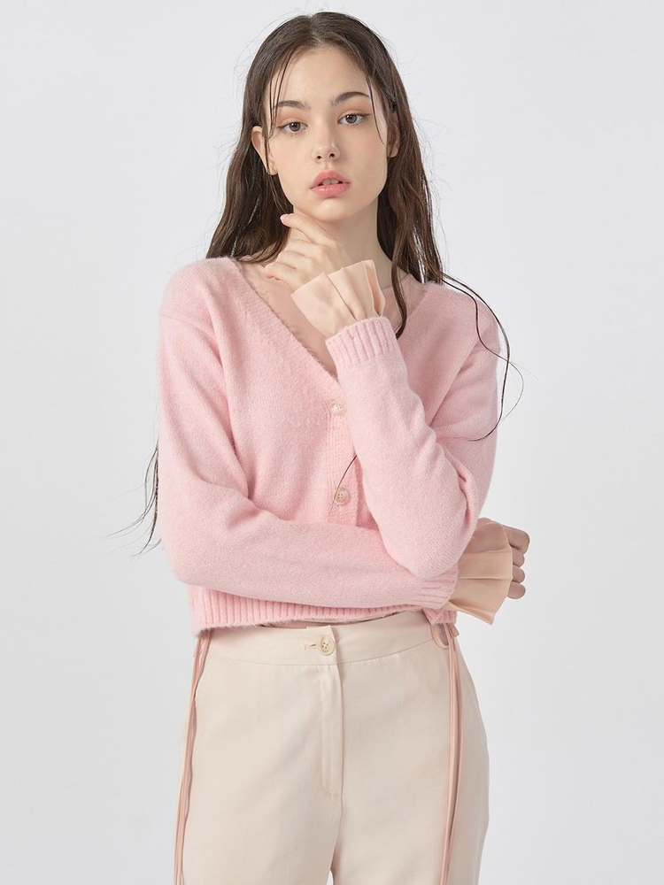 Pleated Sleeves Detail Cardigan Pink WBBFNT006PK