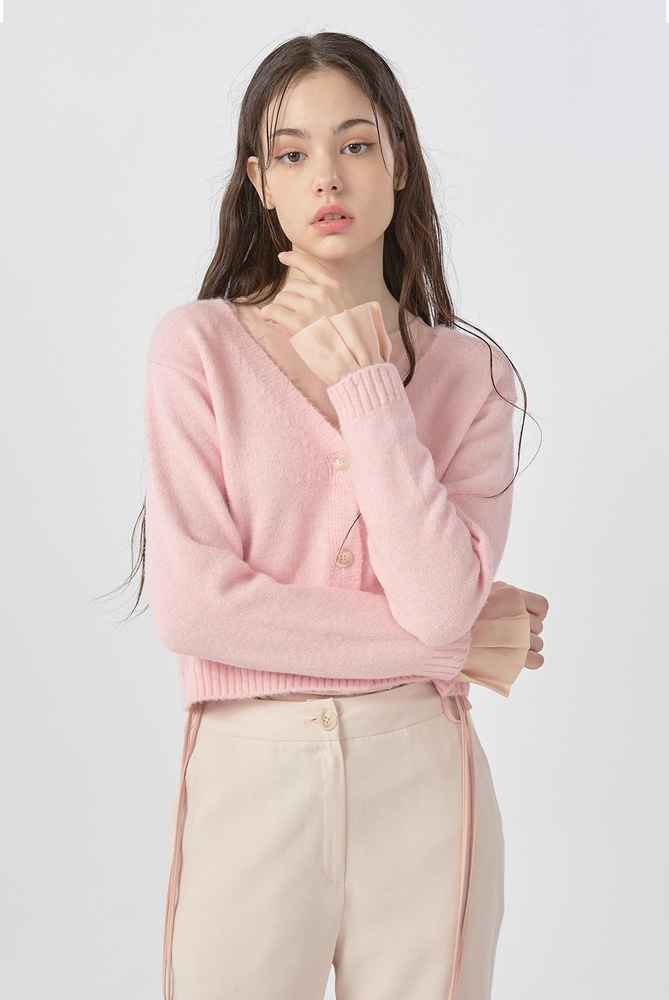 Pleated Sleeves Detail Cardigan Pink WBBFNT006PK