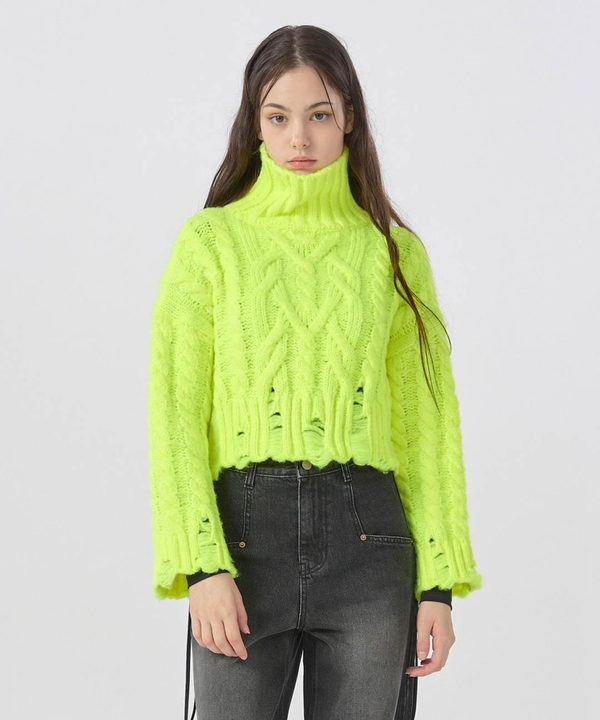 High Neck Cable Crop Pullover Neon Green WBBFNT005LY