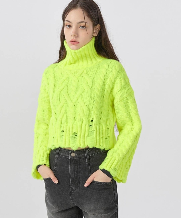 High Neck Cable Crop Pullover Neon Green WBBFNT005LY