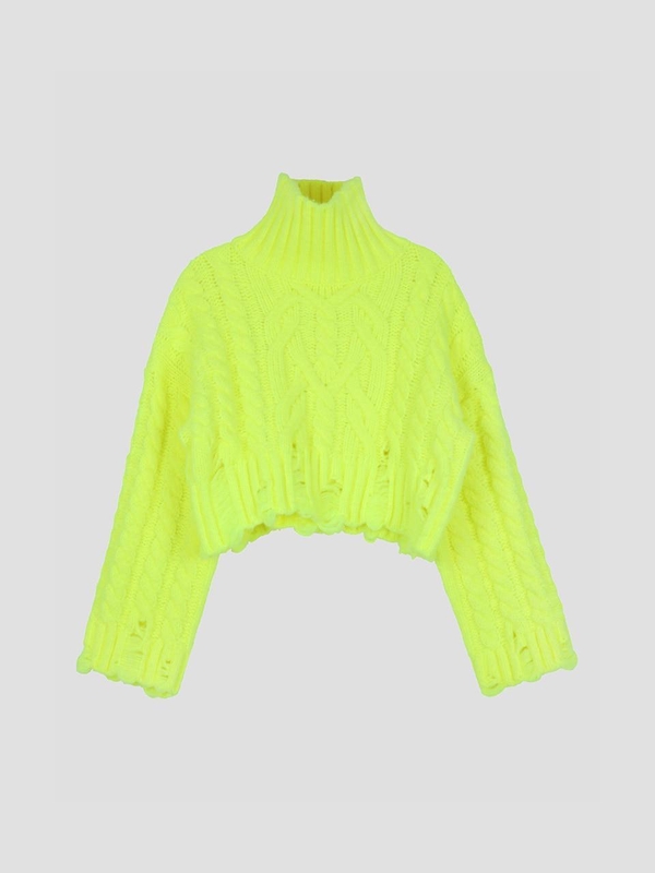 High Neck Cable Crop Pullover Neon Green WBBFNT005LY