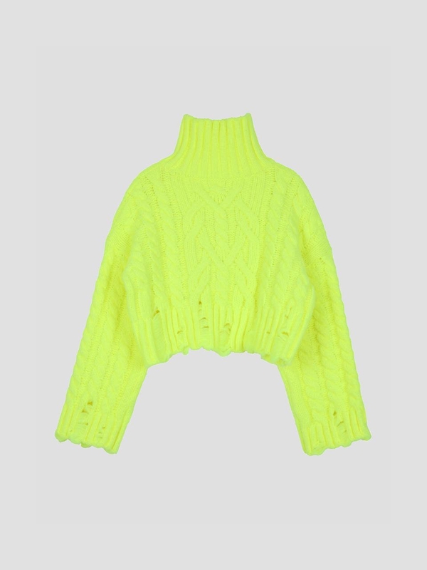 High Neck Cable Crop Pullover Neon Green WBBFNT005LY