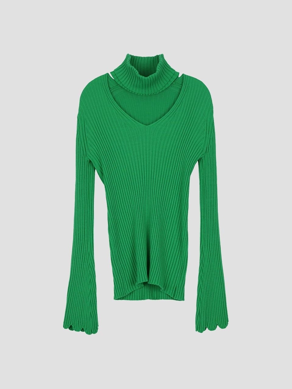 Bell Sleeves V-Neck Pollar Knit Top Green WBBFNT007GN