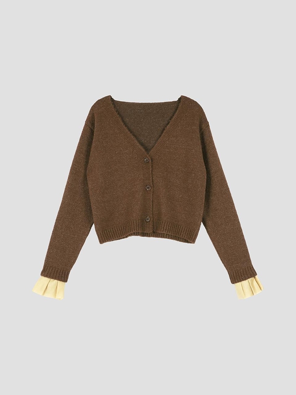 Pleated Sleeves Detail Cardigan Brown WBBFNT006BR