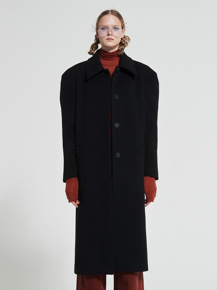 Wide Shoulder Wool Coat Black WBAFCT003BK