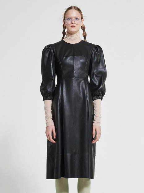 Puff Sleeves Faux Leather Dress Black WBAFOP003BK