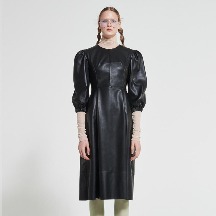 Puff Sleeves Faux Leather Dress Black WBAFOP003BK