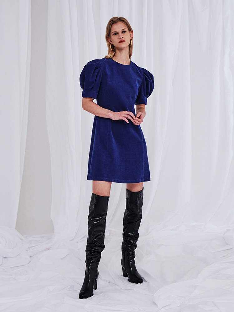 PUFF CORDUROY MINI DRESS BLUE MTBAFOP00424