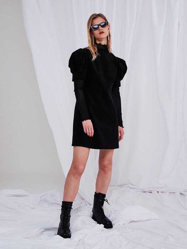 PUFF CORDUROY MINI DRESS BLACK MTBAFOP00402