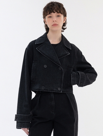 denim trench cropped jacket (black)