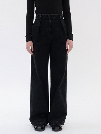 black denim wide tucked pants (black)