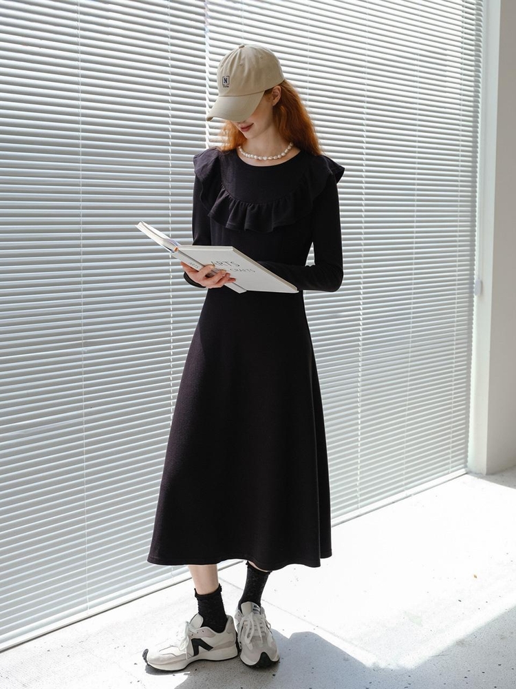 Frill collar blooming long dress_black