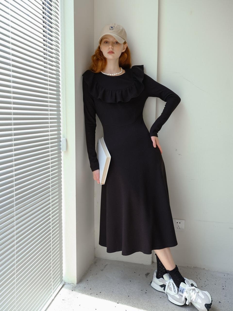 Frill collar blooming long dress_black