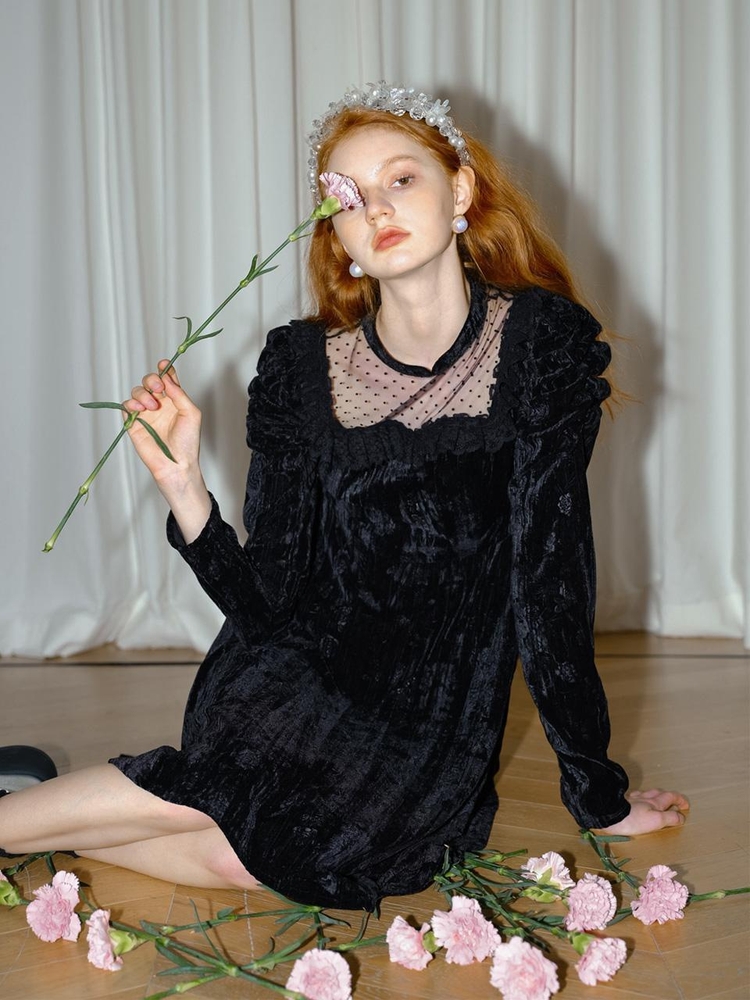 Velvet Snow adorable puff dress_black