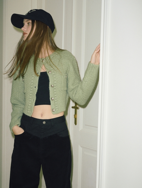 Tweed Pocket Knit Cardigan, Light Green