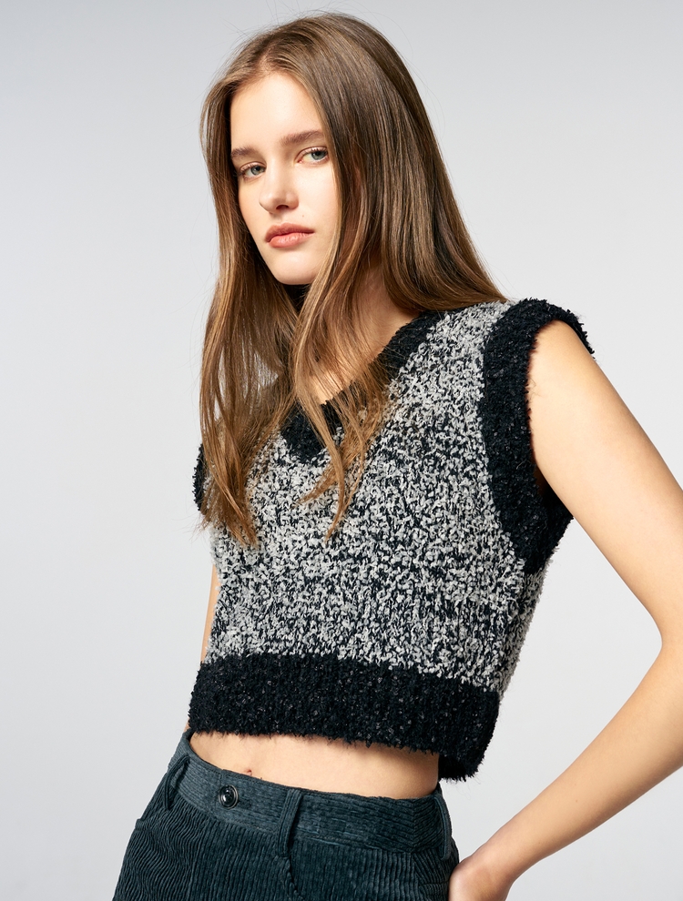 Color Blend Crop Knit Vest, Black