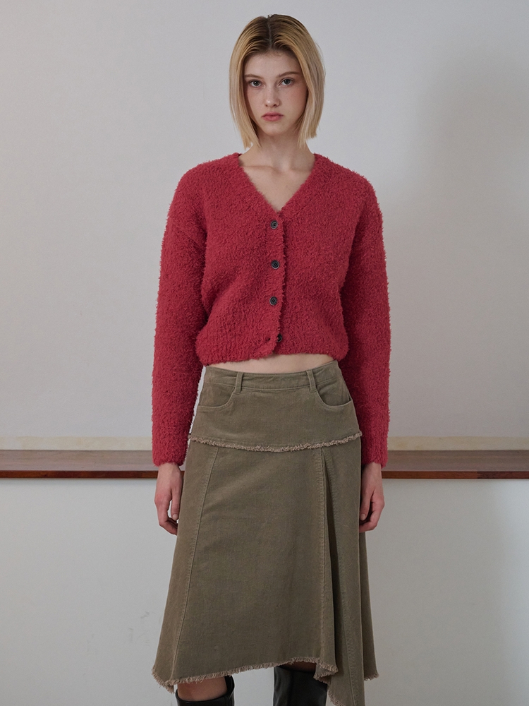 Boucle V-Neck Knit Cardigan, Crimson Red