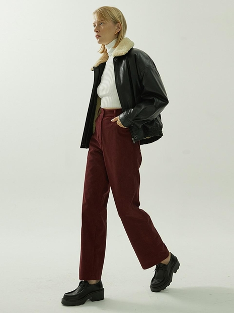 HIGH-RISE CORDUROY WIDE PANTS - BURGUNDY