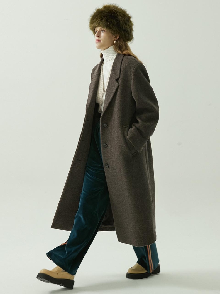 HIDDEN BUTTON SINGLE LONG COAT - BROWN