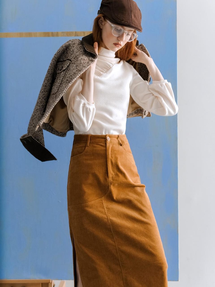 Cest_long straight cut out brown skirt