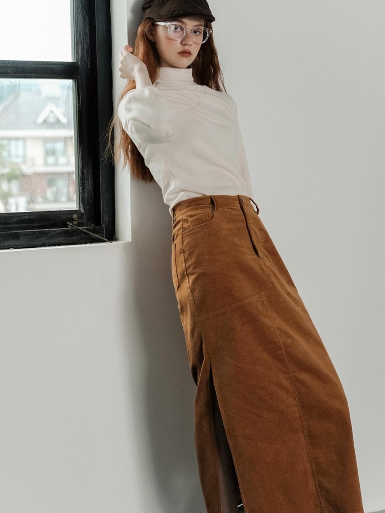 Cest_long straight cut out brown skirt