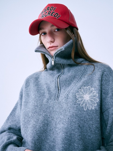  HIGH NECK KNIT ZIP UP FLOWER NEEDLEWORK_GREY