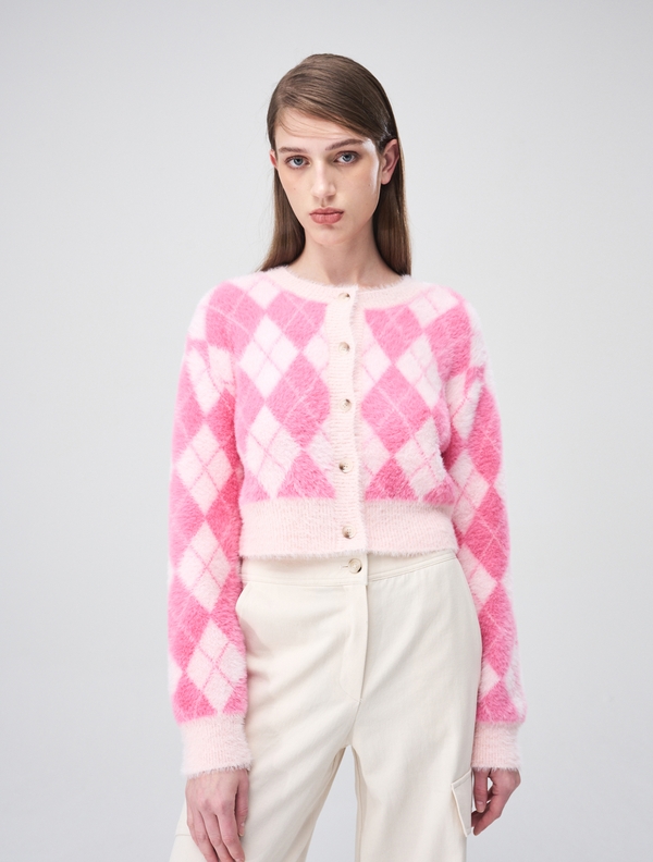 Argyle Fluffy Knit Cardigan, Pink