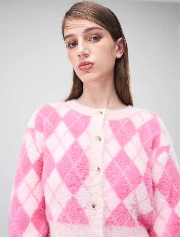 Argyle Fluffy Knit Cardigan, Pink