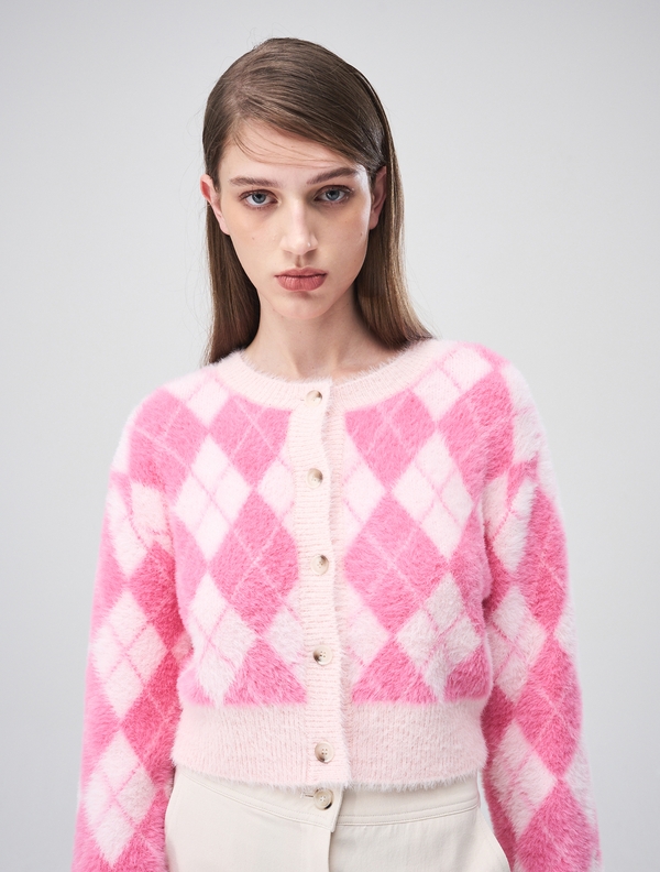 Argyle Fluffy Knit Cardigan, Pink