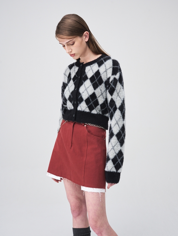 Argyle Fluffy Knit Cardigan, Black