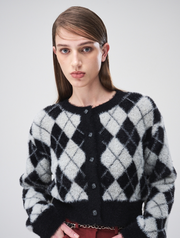 Argyle Fluffy Knit Cardigan, Black