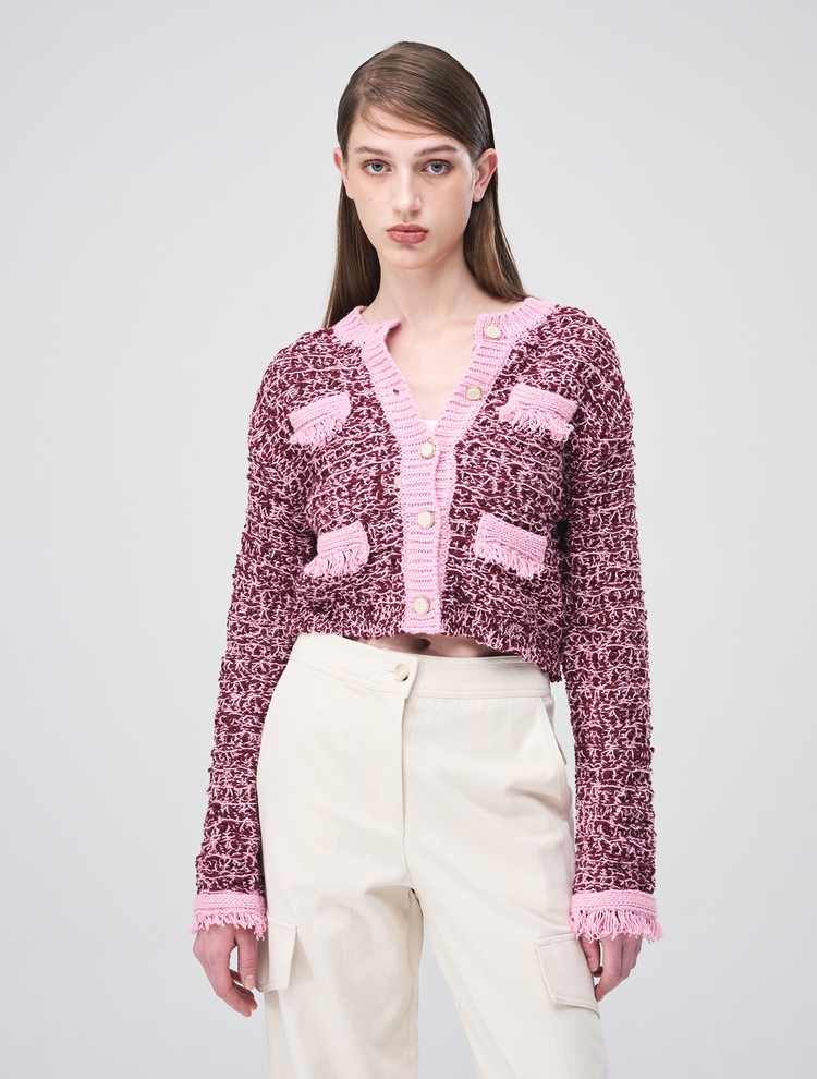 Mix Tweed Fringe Knit Cardigan, Pink