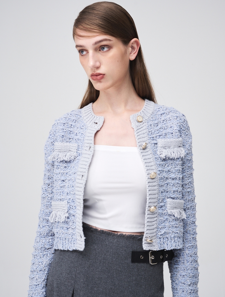 Mix Tweed Fringe Knit Cardigan, Grey