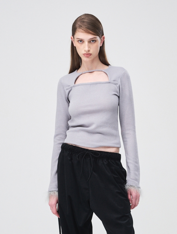 Fur Trimmed Strap T-Shirt, Light Grey