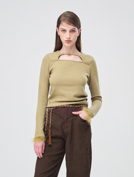 Fur Trimmed Strap T-Shirt, Olive