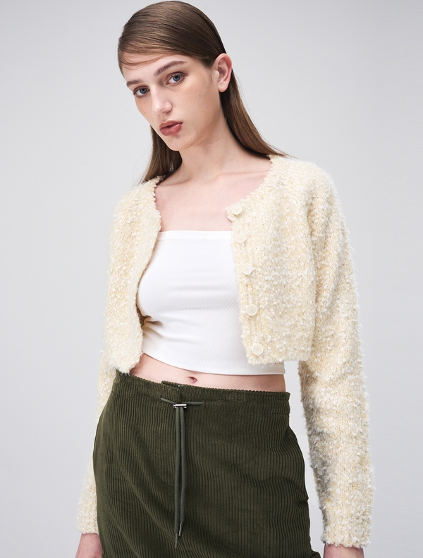 Snow Crop Knit Cardigan, Cream Yellow