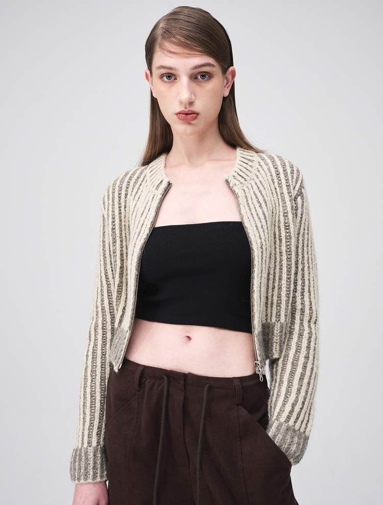 Ribbed Zip-Up Knit Cardigan, Cream Beige