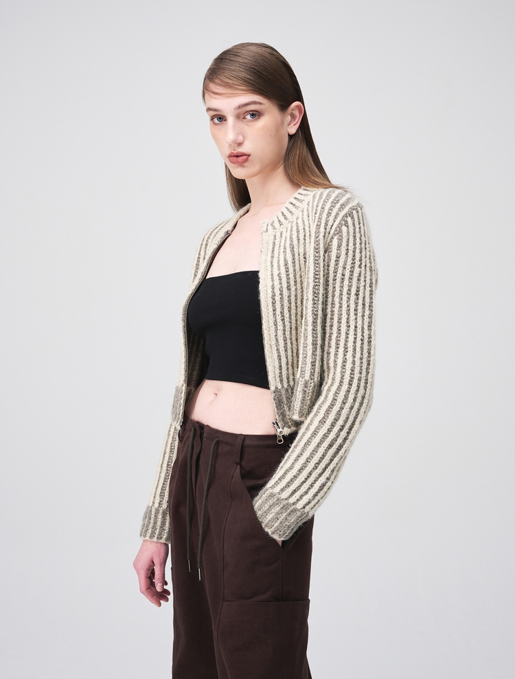 Ribbed Zip-Up Knit Cardigan, Cream Beige