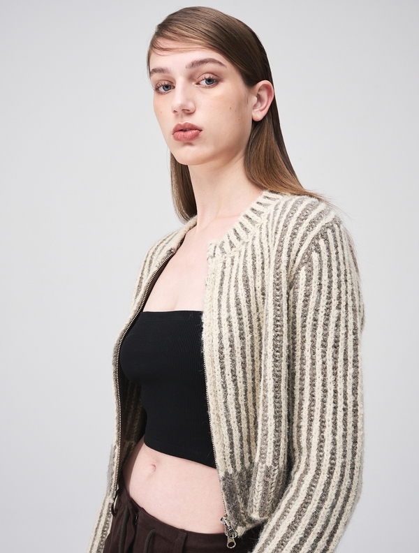 Ribbed Zip-Up Knit Cardigan, Cream Beige