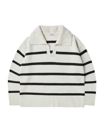 Big Collar Stripe Knit Top Ivory