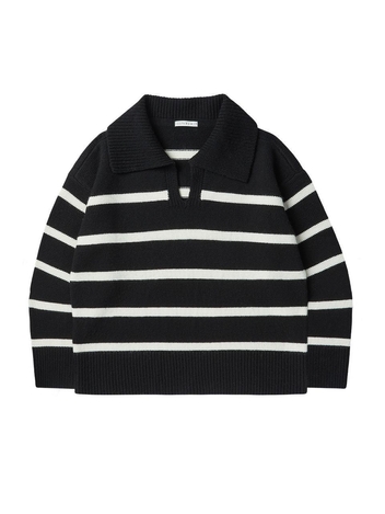 Big Collar Stripe Knit Top Black