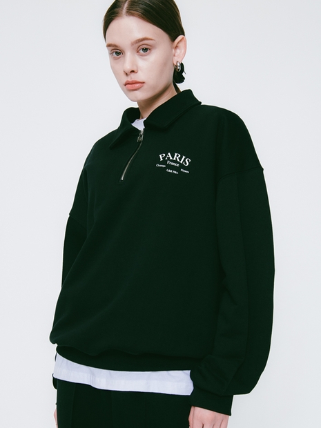 PARIS Half Zip Up Sweatshirt Black