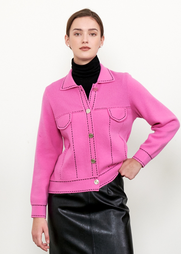 Stitch Wool Knit Cardigan - Pink