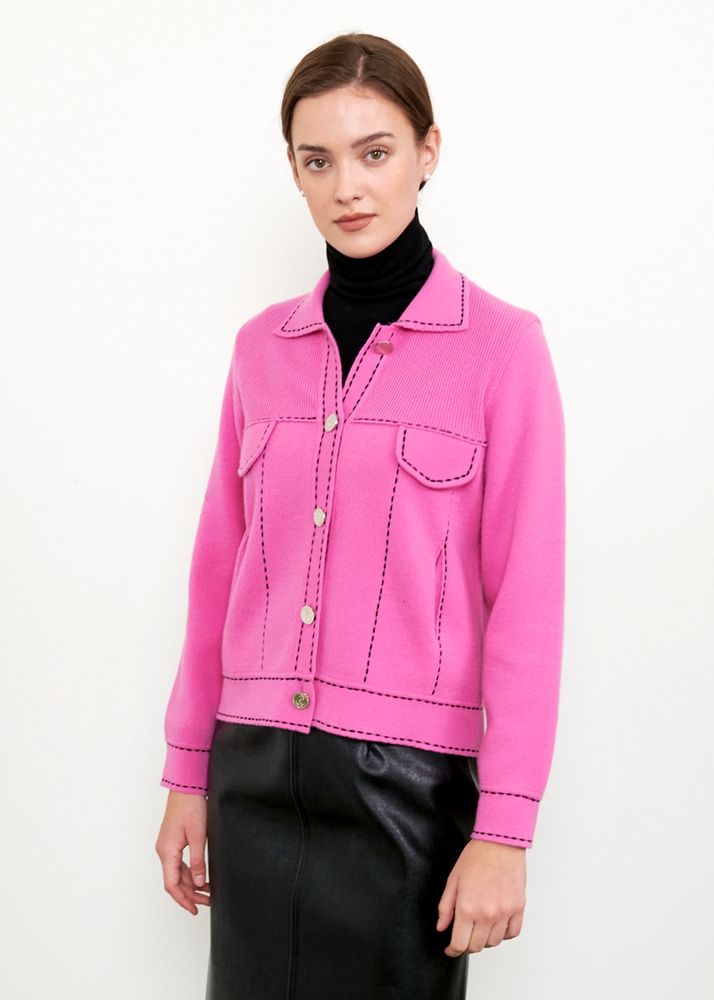 Stitch Wool Knit Cardigan - Pink