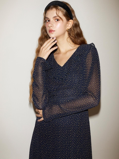 Chiffon Ruffle Collar Midi Dress_ Navy