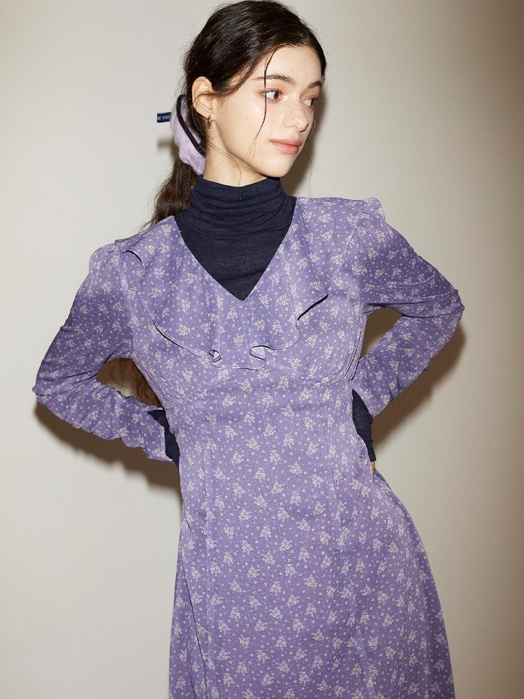 Chiffon Ruffle Collar Midi Dress_ Purple