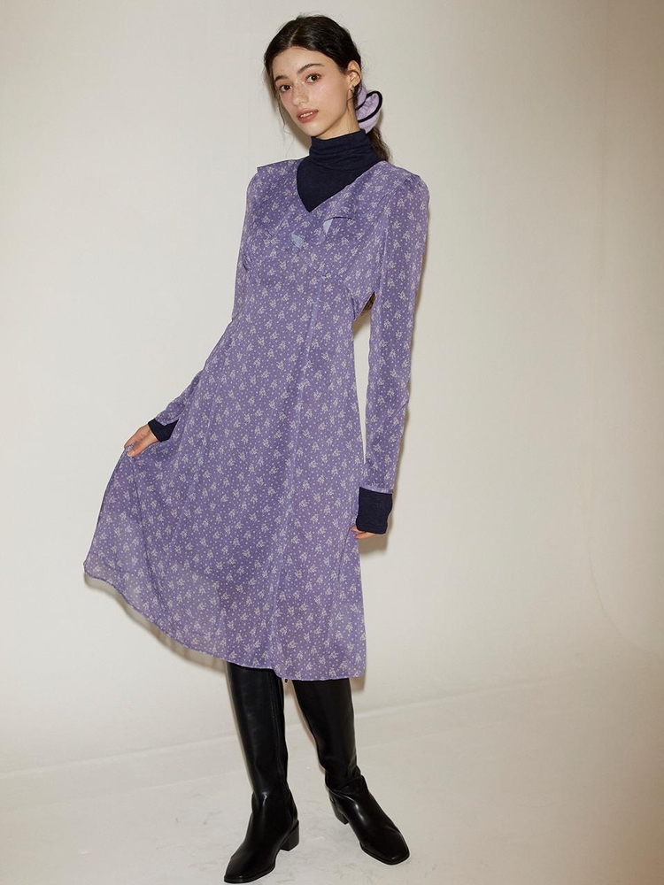 Chiffon Ruffle Collar Midi Dress_ Purple